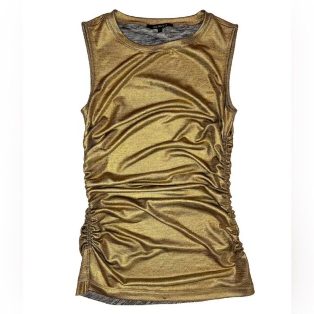 KOBI HALPERIN Gold Metallic Side Ruched Sleeveless Satin Blouse Size SMALL‎